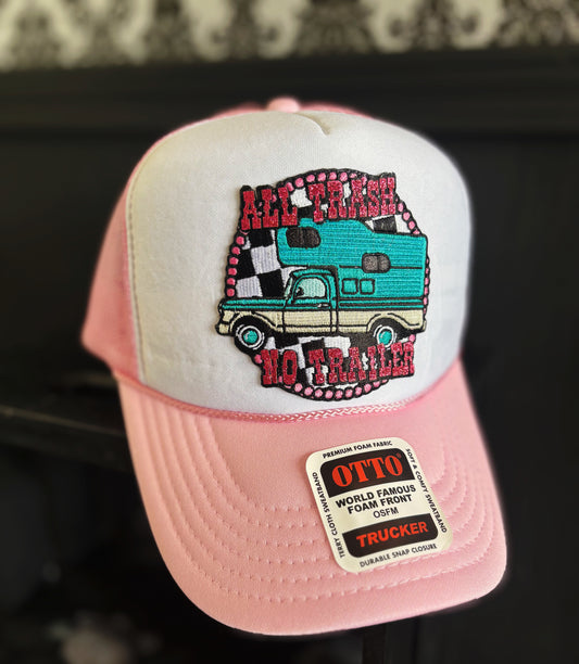 Pink and White Trucker hat- All trash No Trailer patch