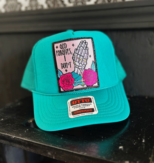Teal Trucker Hat with Skeleton Prayer Patch